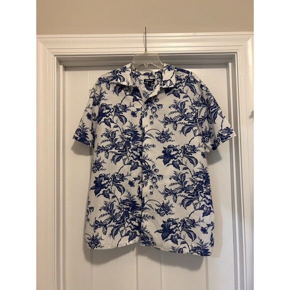 Express Men's Hawaiian Floral Button Short Sleeve Shirt Size XL Linen Blend Blue - Picture 1 of 4